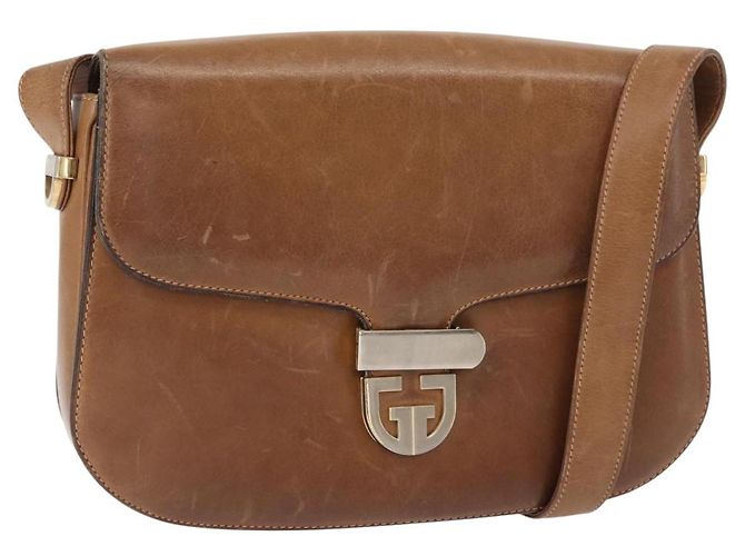 Gucci Bolsa de Ombro de Couro Marrom Dourado Auth ep11690