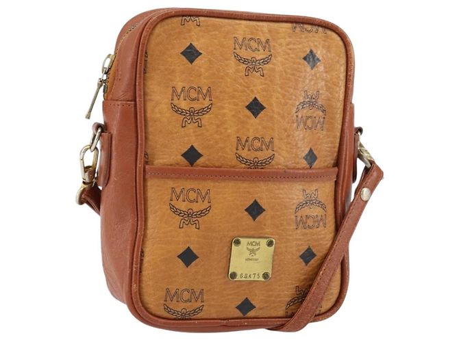 Bolsa de Ombro MCM Logogram Vicetos em Couro PVC Marrom Dourado Auth BA7515