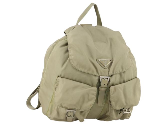 PRADA Backpack Nylon Beige Silver Auth 147783 Silvery