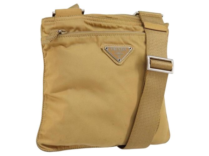 PRADA Shoulder Bag Nylon Beige Silver Auth 151338 Silvery