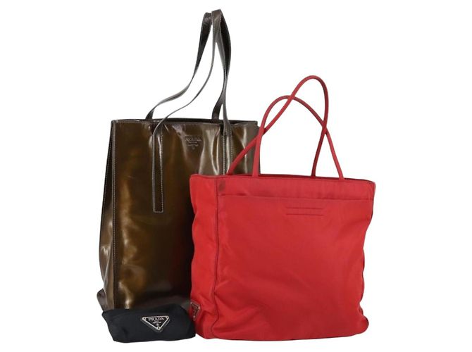 PRADA Borsa a Spalla Nylon Smalto 3 Set Rosso Marrone Nero Auth bs31276
