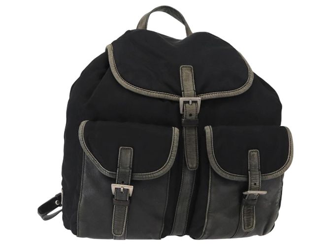 Mochila PRADA em nylon e couro preto prata autêntica 151999