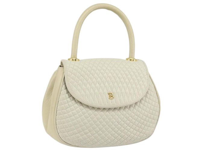BALLY Bolsa de mão acolchoada de couro branco e dourado Auth gh1163