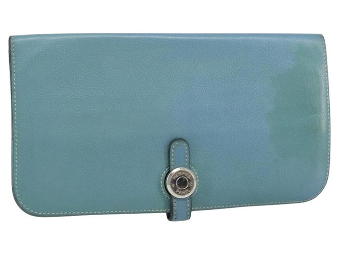 Hermès HERMES Cartera Larga Dogon Cuero Azul Claro Plata Auth am9479