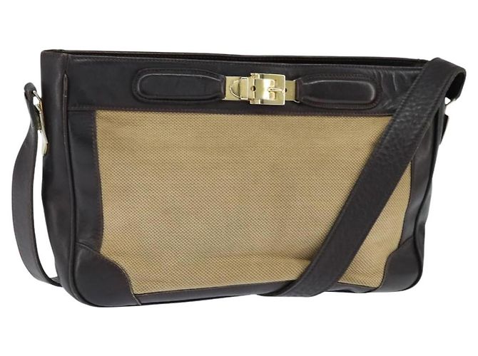 Céline Bolsa de Ombro CELINE em Lona Bege Dourada Auth 149192 Dourado