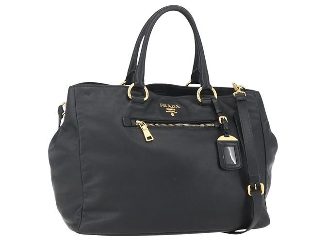 PRADA Bolsa de Mão de Couro 2 em 1 Preto Dourado Auth yk19782