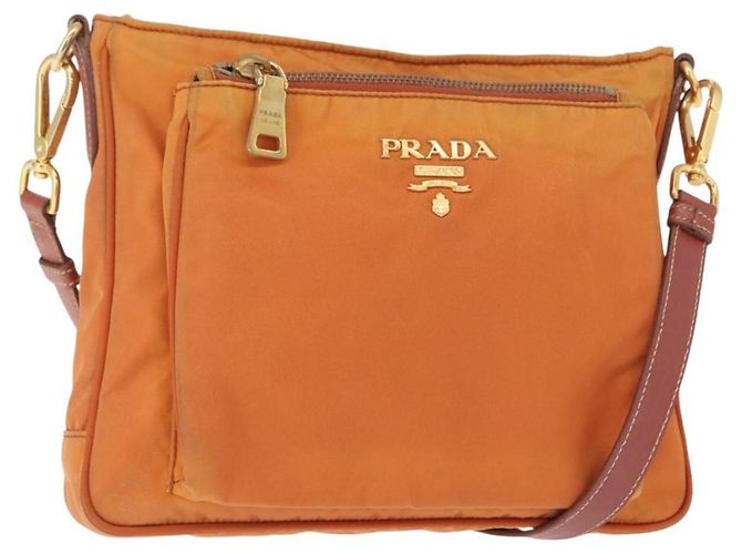 Bolsa de Ombro PRADA em Nylon Couro Laranja Dourado Auth 155084