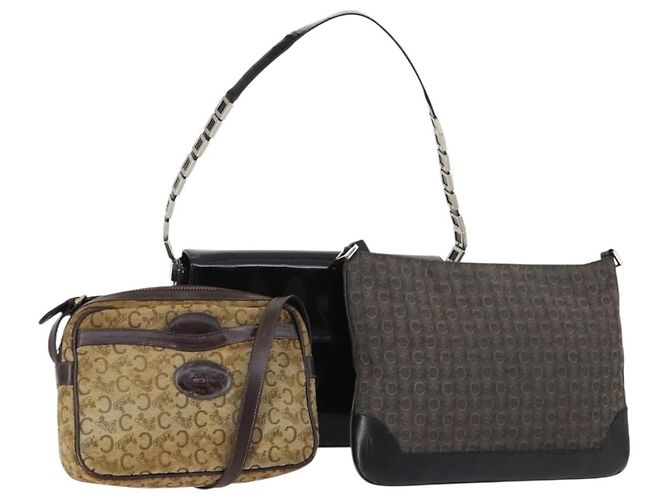 Céline Sac à bandoulière en toile Macadam C de CELINE Émail 3Set Marron Noir Beige Auth bs29851