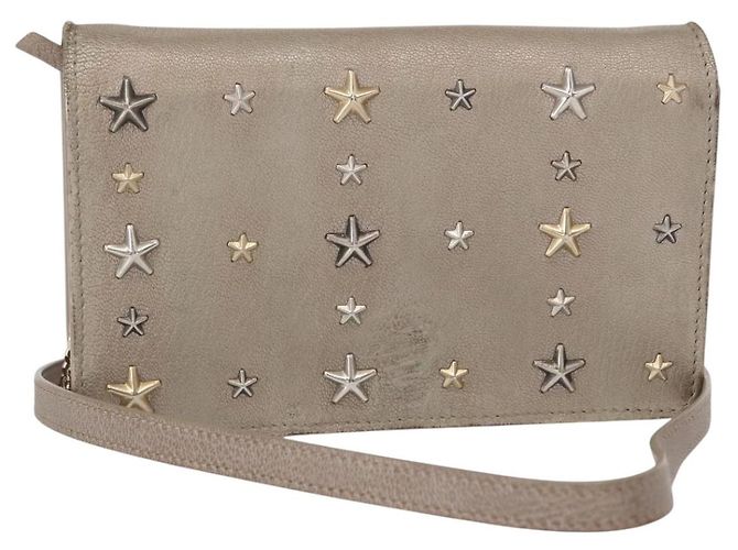 Borsa a spalla in pelle beige e argento con borchie a stella Jimmy Choo Auth bs30998