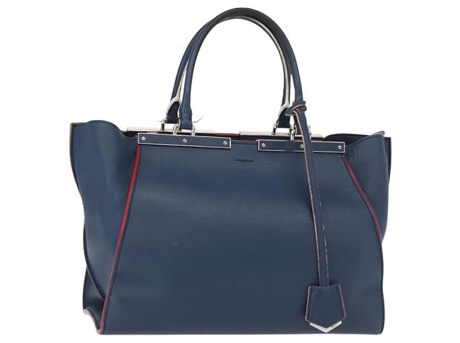 FENDI Trois Jules Bolsa de Mão de Couro Marinho Prata Auth 152694