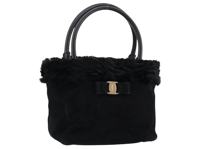Bolsa de mão Vala em camurça preta e dourada Salvatore Ferragamo Auth BA7991