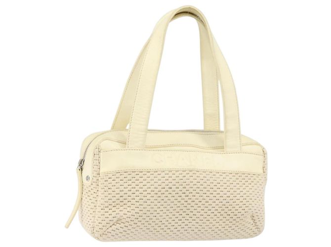 CHANEL Bolsa Tote Lona Couro Branco Prata CC Auth BA8037