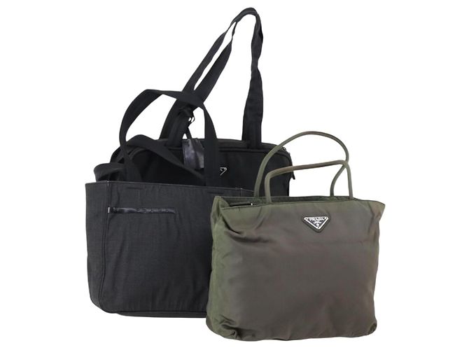 PRADA Sac de sport en nylon 3 pièces Vert Noir Auth 154548