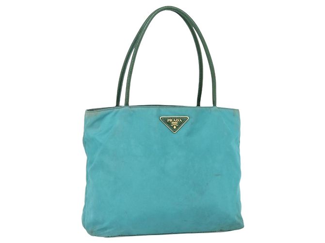 Borsa Tote PRADA in nylon blu turchese oro Auth 155080 D'oro