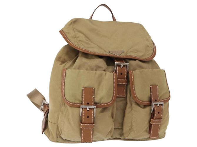 PRADA Backpack Nylon Beige Silver Auth 153987 Silvery