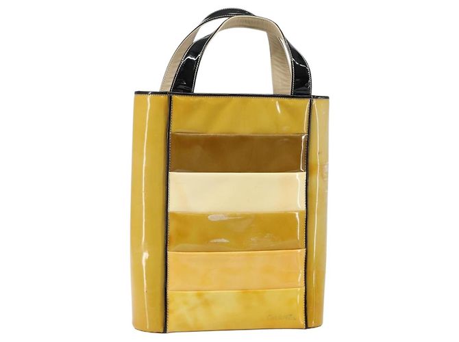 Sac Tote CHANEL Émail Jaune Or CC Auth gh968 Doré