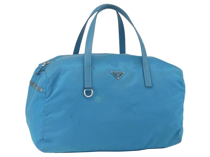 PRADA Boston Bag Nylon Blue Silver Auth 157666 Silvery