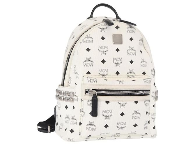 MCM Vicetos Logogram Backpack PVC Leather White Silver Auth kk581 Silvery