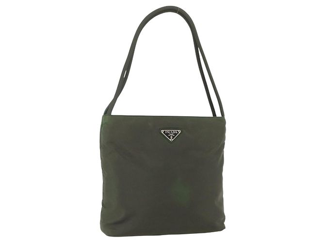 PRADA Schultertasche Nylon Khaki Silber Authentisch ti3532