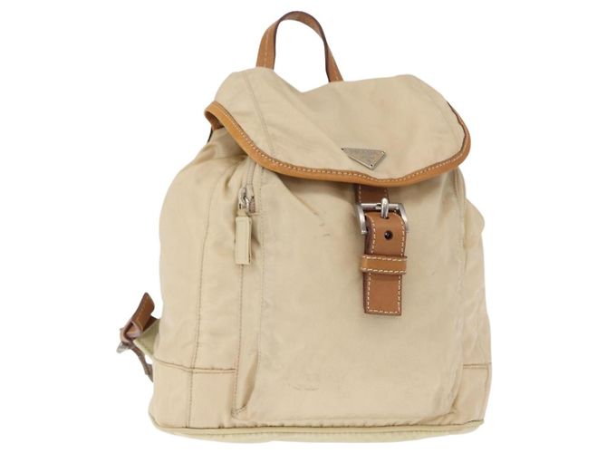 PRADA Backpack Nylon Beige Silver Auth 155293 Silvery
