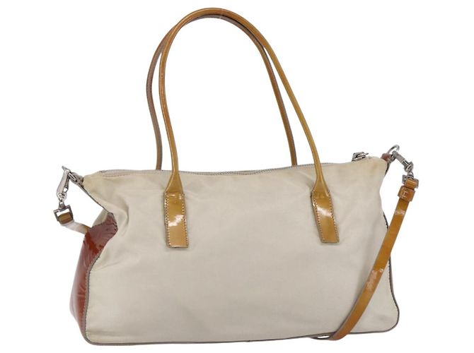PRADA Handtasche aus Nylon mit Emaille 2-in-1 Weiß Silber Auth 152256