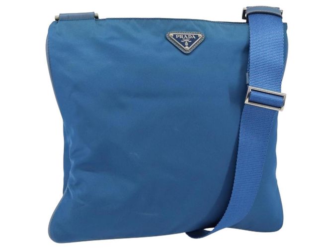 PRADA Bolsa de Ombro Nylon Azul Prata Auth 154370V