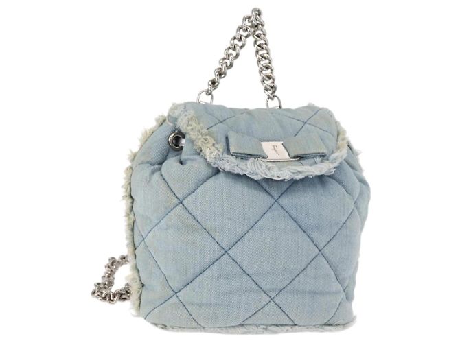 Salvatore Ferragamo Vala Backpack Denim 2way Blue Silver Auth 156378