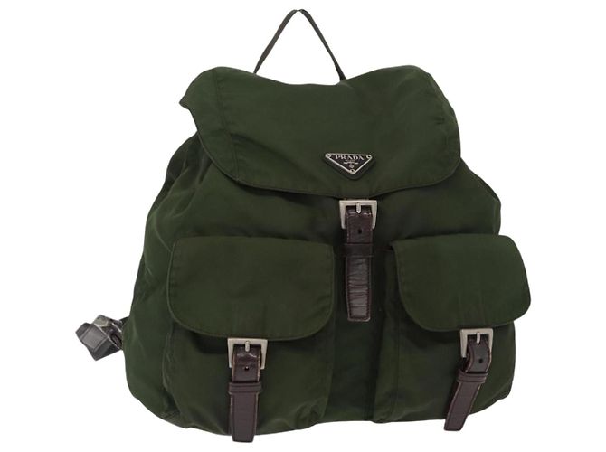 PRADA Backpack Nylon Khaki Silver Auth ti3500 Silvery