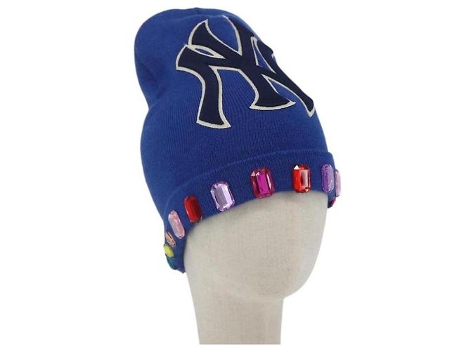 GUCCI NY Knitted Fabrics Hat Wool Blue Auth am10088V