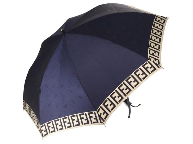 Paraguas plegable de lona Zucca FENDI azul marino Auth am9874