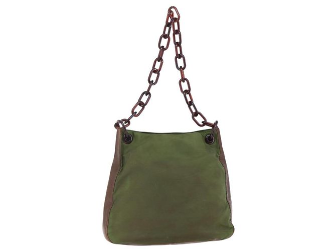 Bolsa de ombro com corrente Prada em nylon caqui Auth bs29881