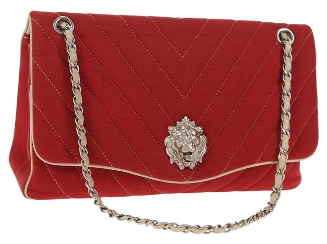 CHANEL V Stitch Flap Bolsa de Ombro com Corrente Algodão Vermelho Prata CC Auth bs29952V