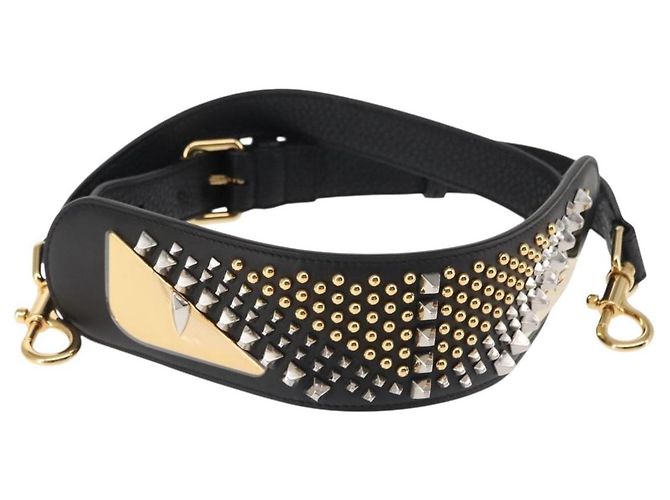 FENDI Monster Studs Sangle en Cuir 31,5""-39,4"" Noir Or Auth am9364