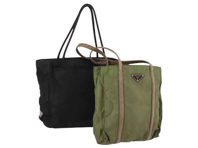 Borsa Tote PRADA Nylon 2Set Kaki Nero Auth 143394 Cachi