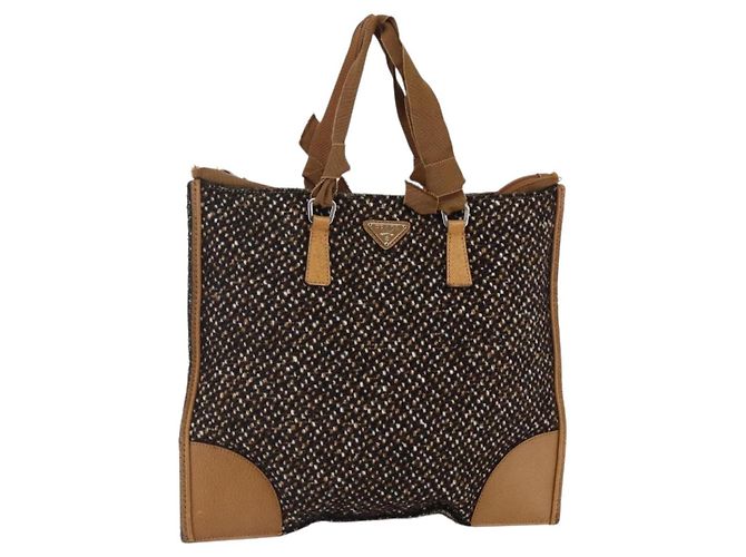 PRADA Handtasche Tweed Beige Silber Auth bs30129