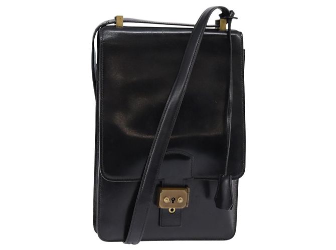 Hermès HERMES Bolsa Adepeche Ombro Couro Preto Ouro Auth bs30251 Dourado