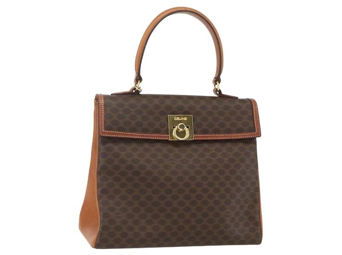 Céline Bolsa de mão em lona Macadam CELINE em couro PVC marrom e dourado Auth ka556