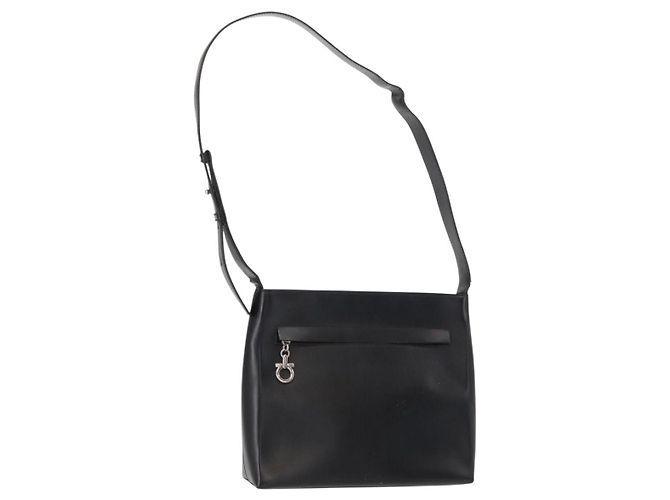 Borsa a Spalla Gancini in Pelle Nera e Argento di Salvatore Ferragamo Auth BA8223 Nero