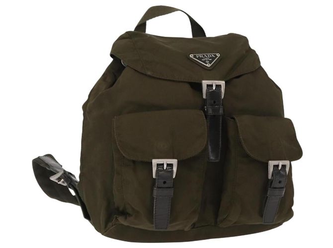 PRADA Backpack Nylon Khaki Silver Auth 154531 Silvery
