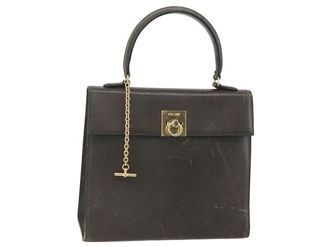 Céline Sac à main CELINE en cuir kaki doré Auth 151041