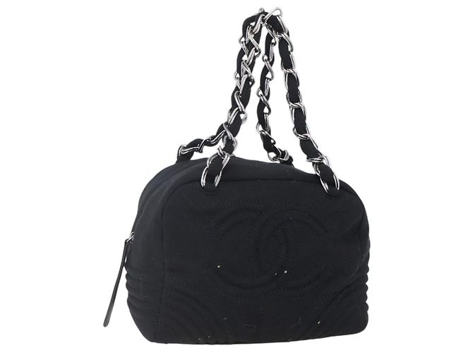 CHANEL COCO Borsa a mano in cotone argento nero CC Auth 150550