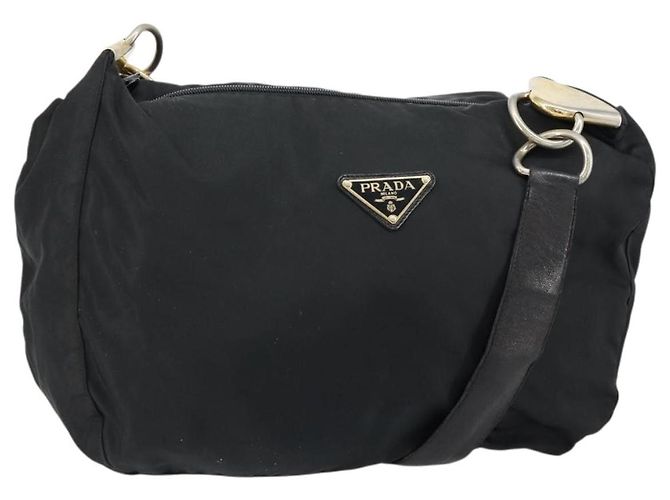 Bolsa de Ombro PRADA em Nylon Couro Preto Dourado Auth bs30072