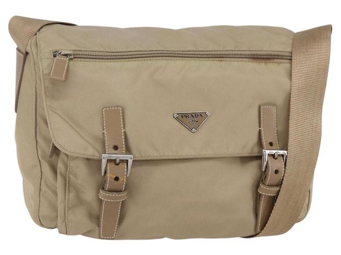 PRADA Shoulder Bag Nylon Beige Silver Auth mr1533 Silvery