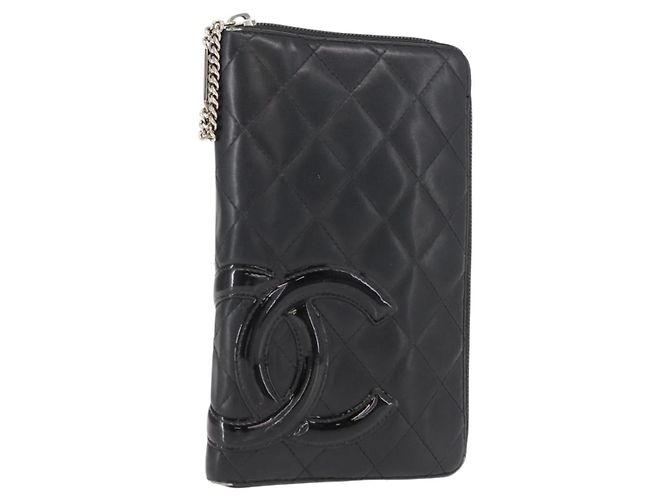CHANEL Cambon Line Organizer Long Wallet Leather Black Silver CC Auth 149586 Silvery