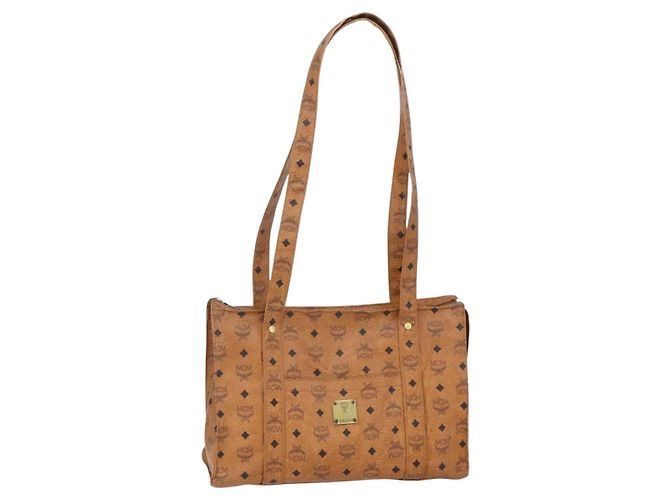 Bolsa tote MCM Logogram Vicetos em couro PVC marrom e dourado Auth gh1080