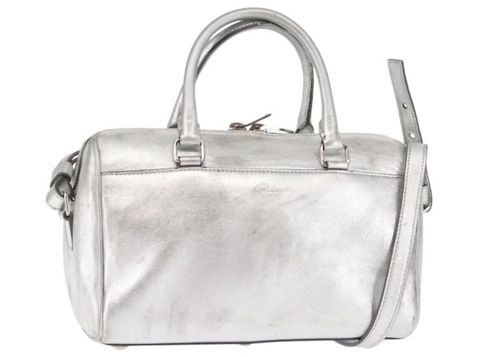 SAINT LAURENT Bolsa Mini Boston Baby Duffel em Couro Prata Auth bs29986