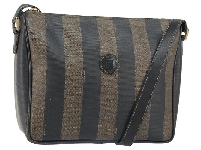 Pequin FENDI Pecan Canvas Shoulder Bag PVC Black Brown gold Auth gh1406 Golden