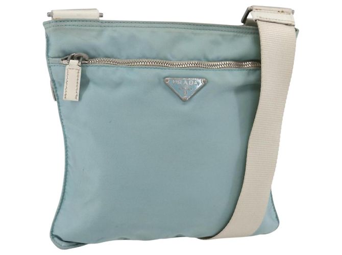 PRADA Schultertasche Nylon Hellblau Silber Authentisch 153313