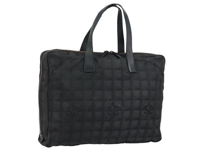 CHANEL New Travel Line Briefcase Nylon Black Silver CC Auth bs30394 Silvery 