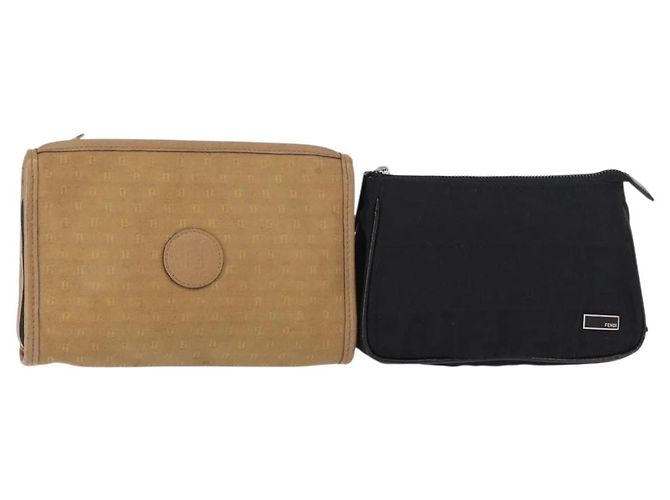 FENDI Zucca Canvas Clutch Tasche PVC 2 Set Beige Schwarz Auth bs31055